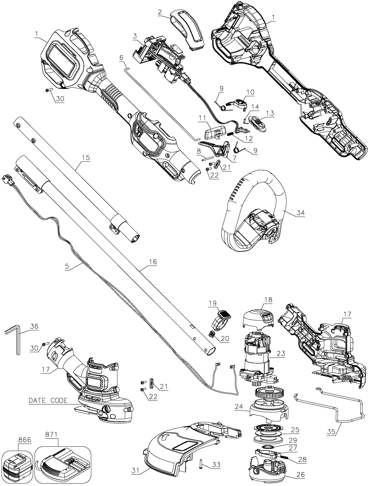 Default Diagram and Parts List for Type 1 Black and Decker Trimmer